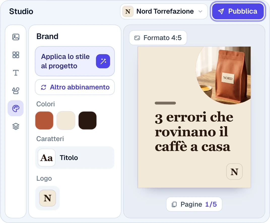 Lo Studio di Marketio: un carosello a cui vengono applicati colori, caratteri e logo del brand